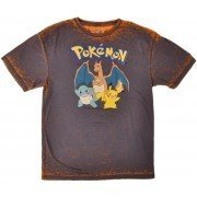 Pokemon Pikachu Charizard Squirtle T-Shirt Nintendo Acid Wash Top Anime Orange