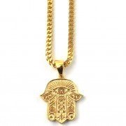 The Gold Gods Hamsa Hand Necklace 28 Inch Franco Chain 18k Plated