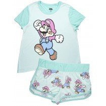 Super Mario Pajama Set T-Shirt Shorts Mint Sleepwear 2 Piece Womens Nintendo